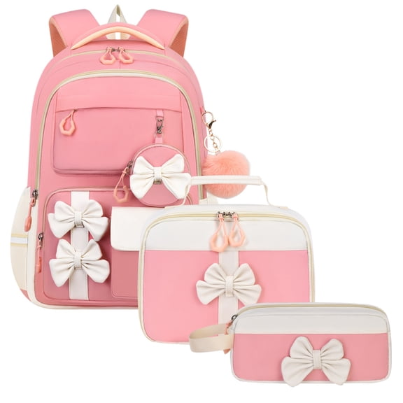 AHMOMEI Large Capacity 3 Pcs Backpack Set, Cute Bow Decor Bookbag with Lunch Bag & Pencil Case for Camping, Trips, Picnic & Daily Casual Activities
