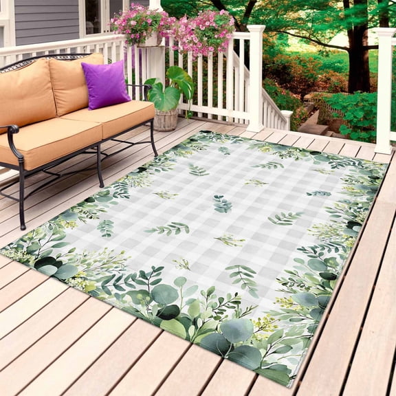 Eucalyptus Outdoor Rug for Patio/Deck/Porch, Non-Slip Large Area Rug 5 x 7 Ft, Sage Green Farm Plant Gray Buffalo Plaid Indoor Outdoor Rugs Washable Area Rugs, Reversible Camping Rug Carpet Runner