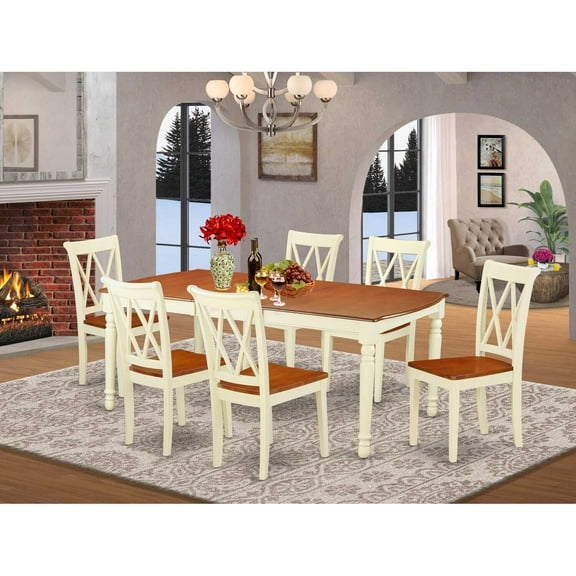 East West Furniture Dover 7-piece Wood Dining Set with X-Back Chairs in Cherry