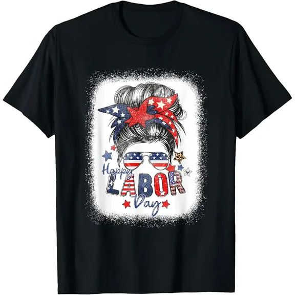 Happy Labor Day Messy Bun American Flag Sunglasses T-Shirt