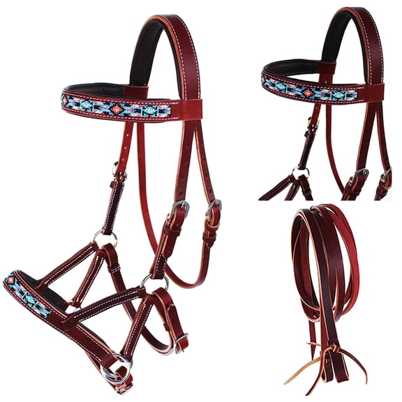 English Western Horse Leather Bitless Bridle Sidepull Halter Reins 77RS14MG-F