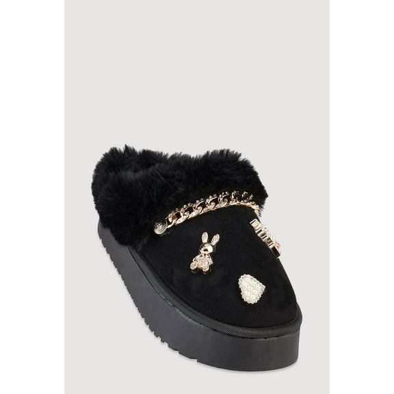 Women's Faux Fur Lined Studded Charm Platform Mule Slippers