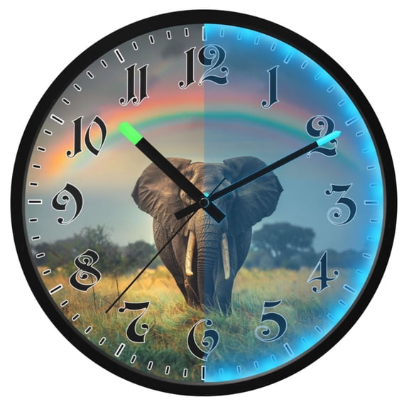 Ryvnso Elephant and Rainbow 12 Inch Night Light Wall Clock Luminous Silent Battery Operate Clocks
