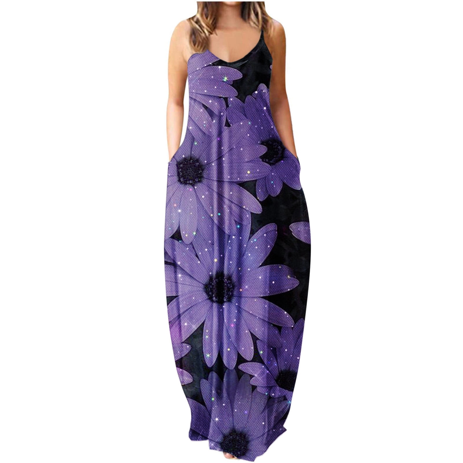 Women's Beach Maxi Dresses Fashion Mid-Waist Sleeveless Boho Floral ...