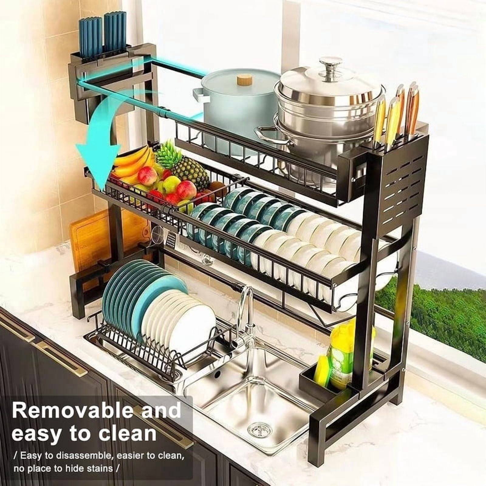 Adjustable Expandable Metal Sink Organizer, Over The Sink Dish Drying Rack, Kitchen Storage Rack With Drip Tray & Utensil Holder For Dishes