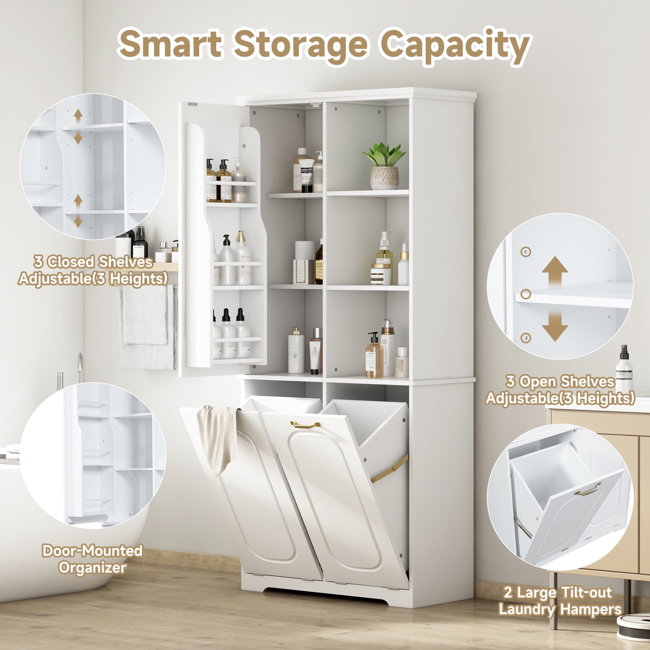 Christopher Knight Home 68" Tall Storage Cabinet with Tilt-Out Hampers, Adjustable Shelves, White
