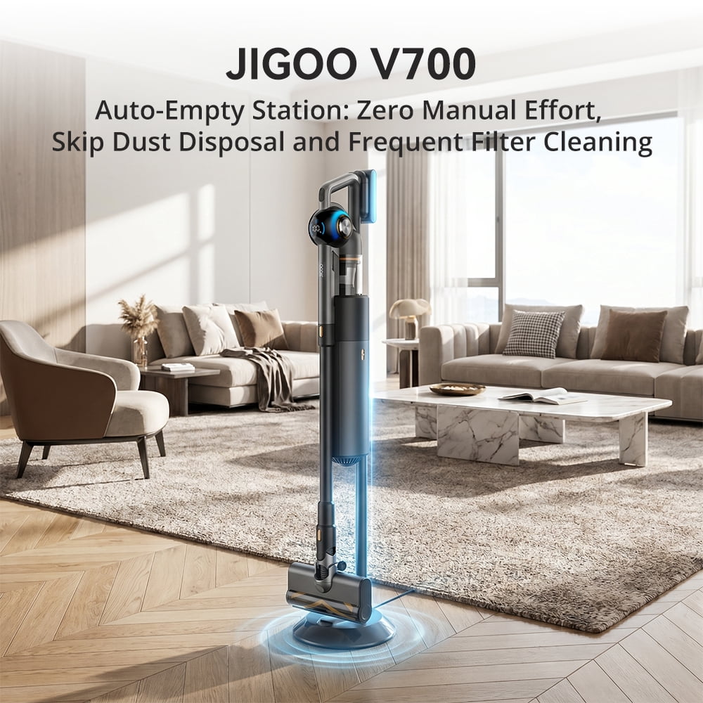 JIGOO Cordless Vacuum Cleaner Station with 2.5L Dust Capacity, 3 Modes, Dual LED, Auto Dust Collection JIGOO V700 Black