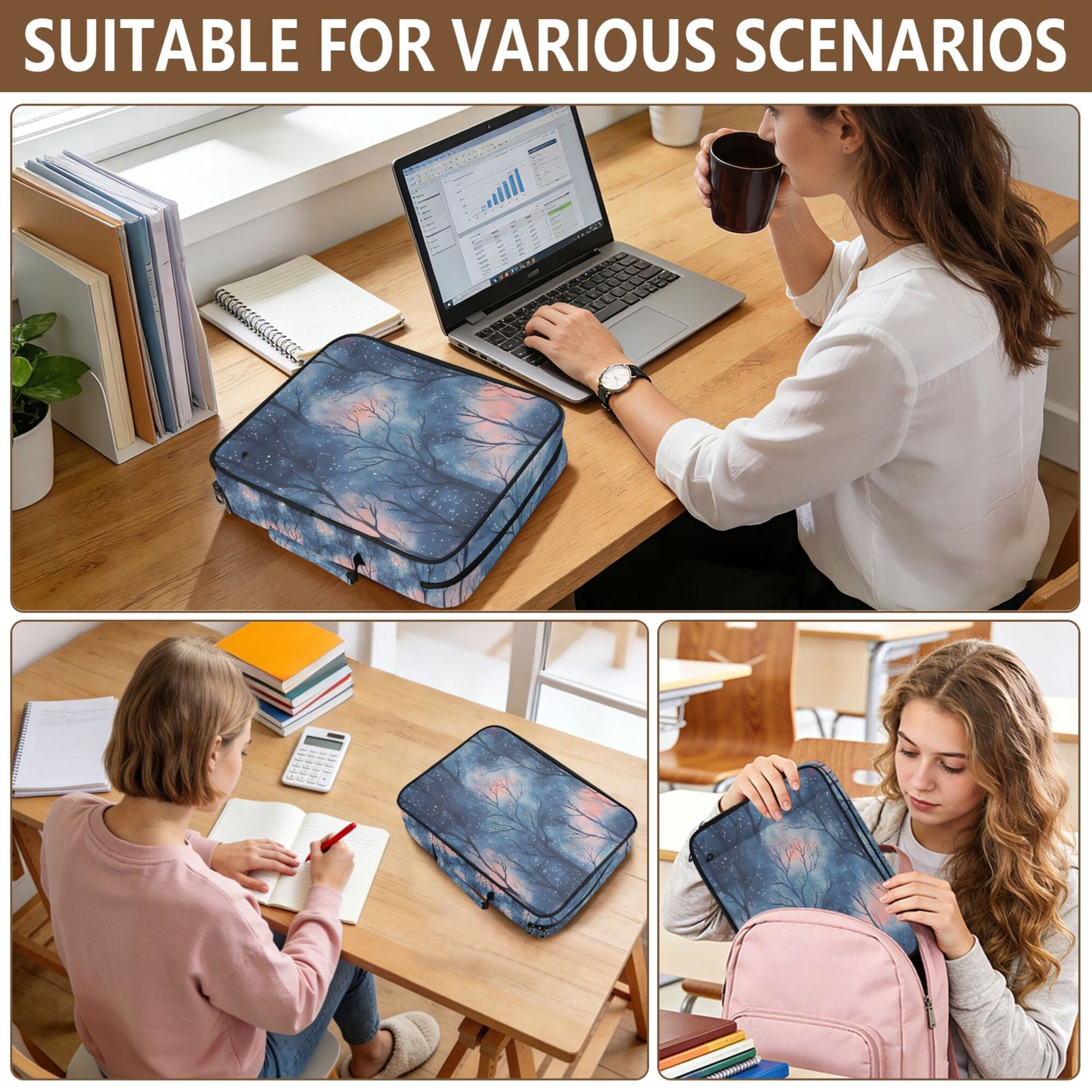 FORMRS Accordion File Folder A4 Size 7-Pocket Expanding Document Organizer Bag with 3 Ring Binder, Trees in The Night