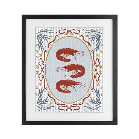 Stupell Industries Three Red Prawns on Gingham Black Framed Print Under Glass, design by Vero Illustrates