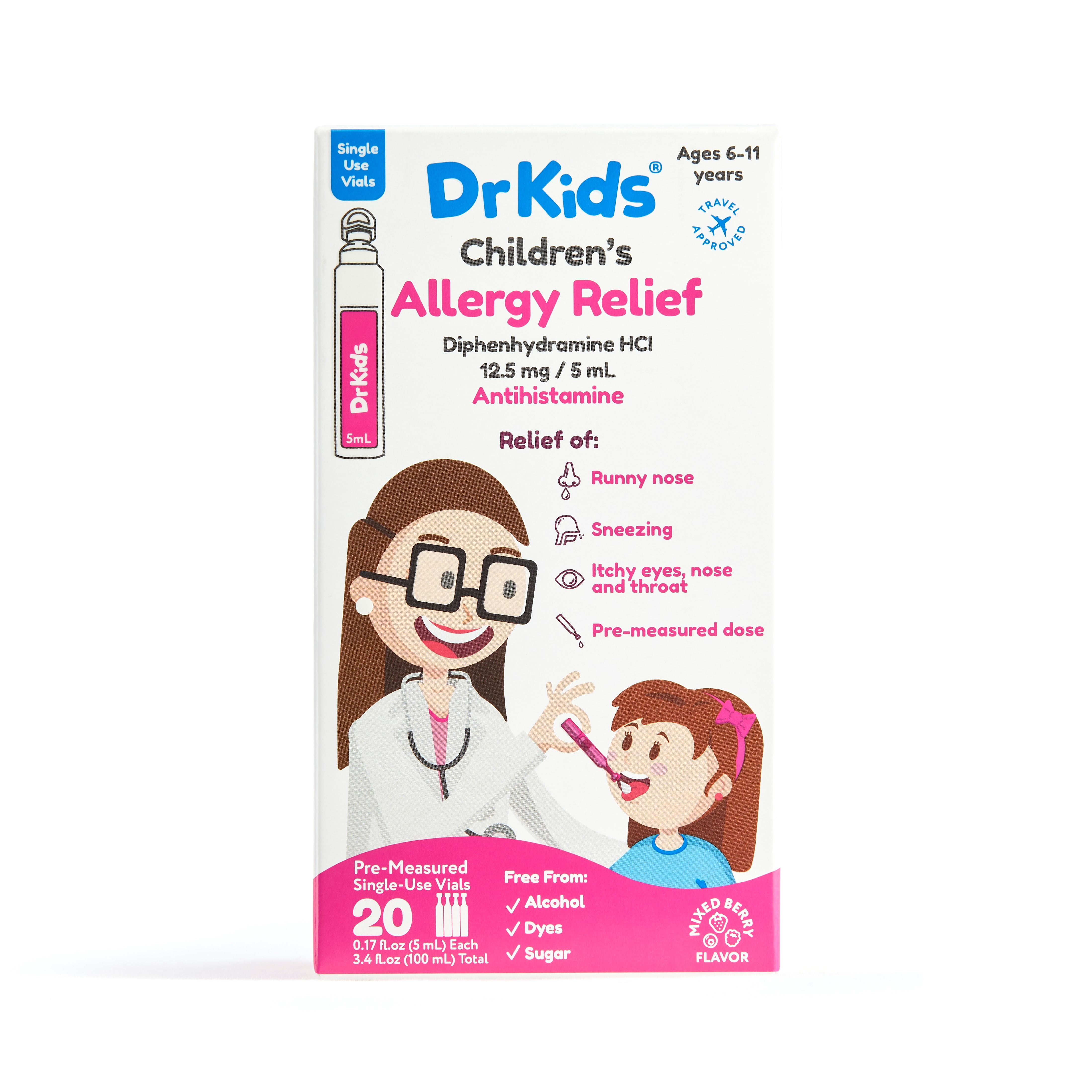 DrKids - CHILDRENS ALLERGY RELIEF MEDICINE. FAST- ACTING, DYE-FREE DIPHENHYDRAMINE ORAL SOLUTION, SINGLE-USE VIALS (20 COUNT)