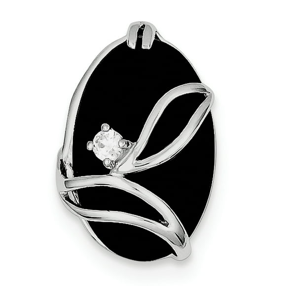 Sterling Silver Rhodium Plated Onyx and CZ Slide QP470 (22mm x 15mm)