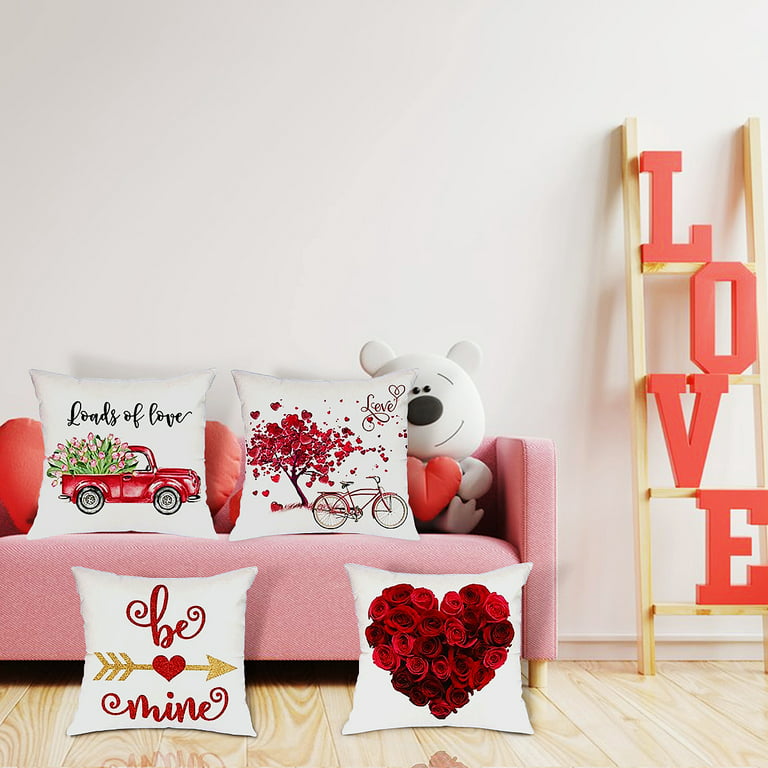 Valentines Day Pillow Covers 18x18 inch Set of 4 for Home Decor Truck Flower Red Heart and Love Bicycle Decor Valentines Day Throw Pillows Decorative