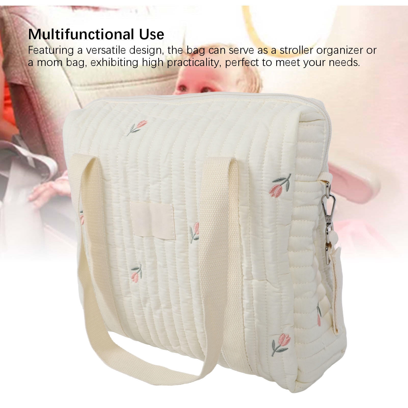 LAZIOEGR Large Capacity Cotton Stroller Hanging Organizer – Stylish Beige Flower Bag for Baby Essentials, Diapers, Bottles, and More