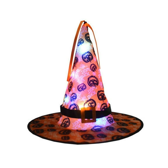 Halloween Light Up Witch Hat for Kids Adults Cartoon Pumpkin Print LED Light Wide Brim Wizard Hats for Cosplay