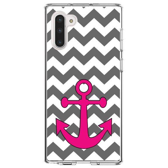 DistinctInk Clear Shockproof Hybrid Case for Samsung Galaxy Note 10 (6.3" Screen) - TPU Bumper, Acrylic Back, Tempered Glass Screen Protector - Grey White Pink Chevron Anchor - Nautical Design