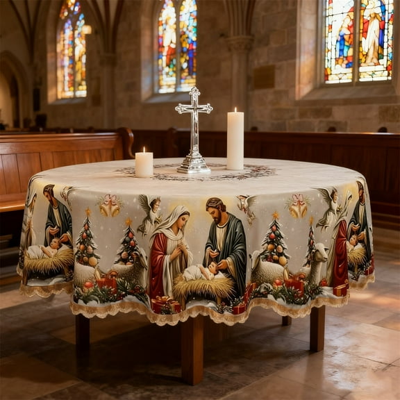 Christmas Nativity Tablecloth - Jesus Birth Themed Vintage Style Fabric, Durable Wrinkle-Resistant Table Cover for Restaurant, Dining & Parties, Festive Religious Decor, D, 55.12*94.49in