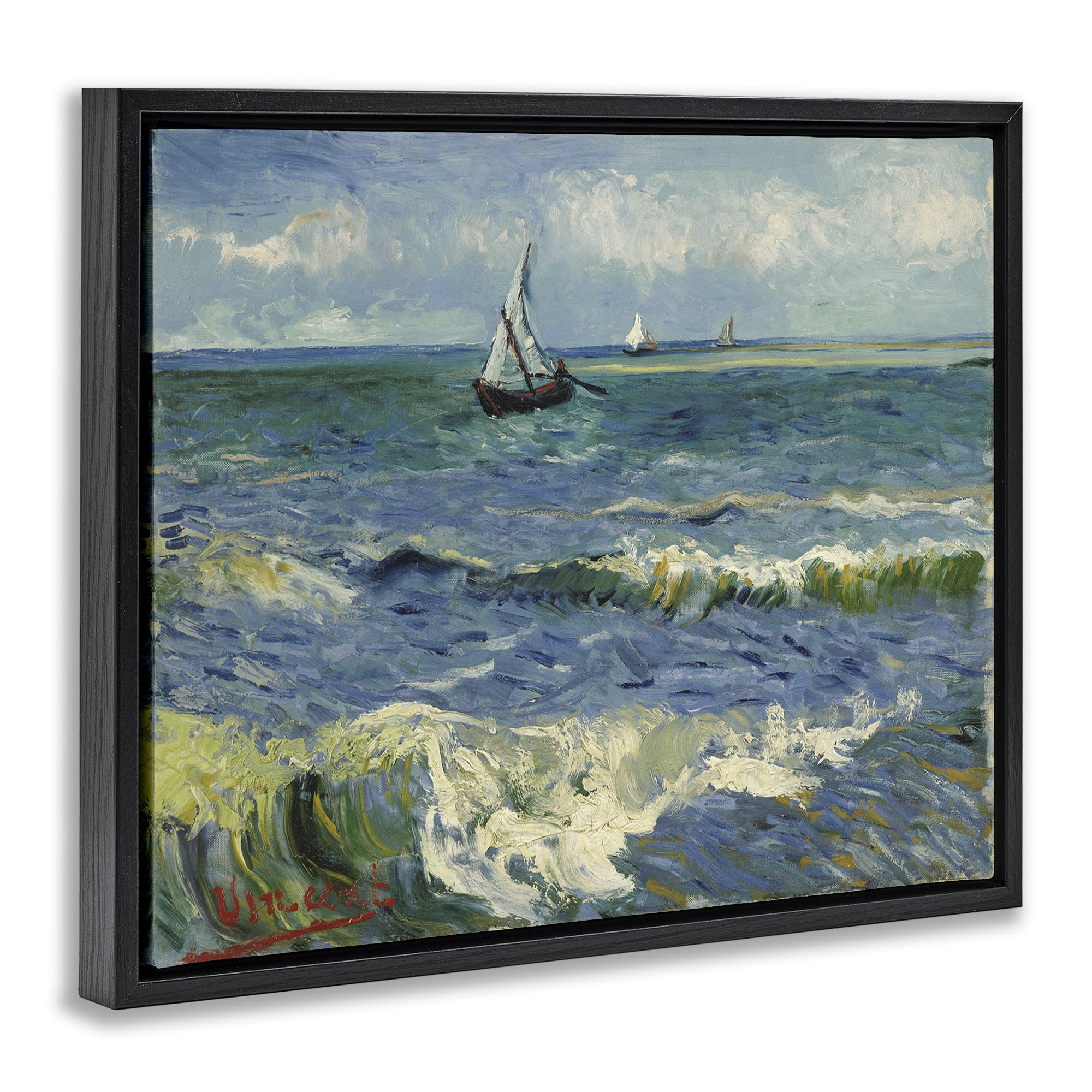 Stupell Industries Classical Seascape with Boat Nautical & Beach Painting Black Floater Framed Canvas Art Print Wall Art, 31 x 25