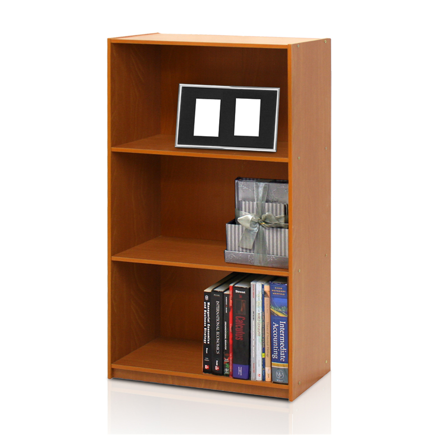 Furinno BASIC Engineered Wood 3-Tier Bookcase Storage Shelves in Light Cherry