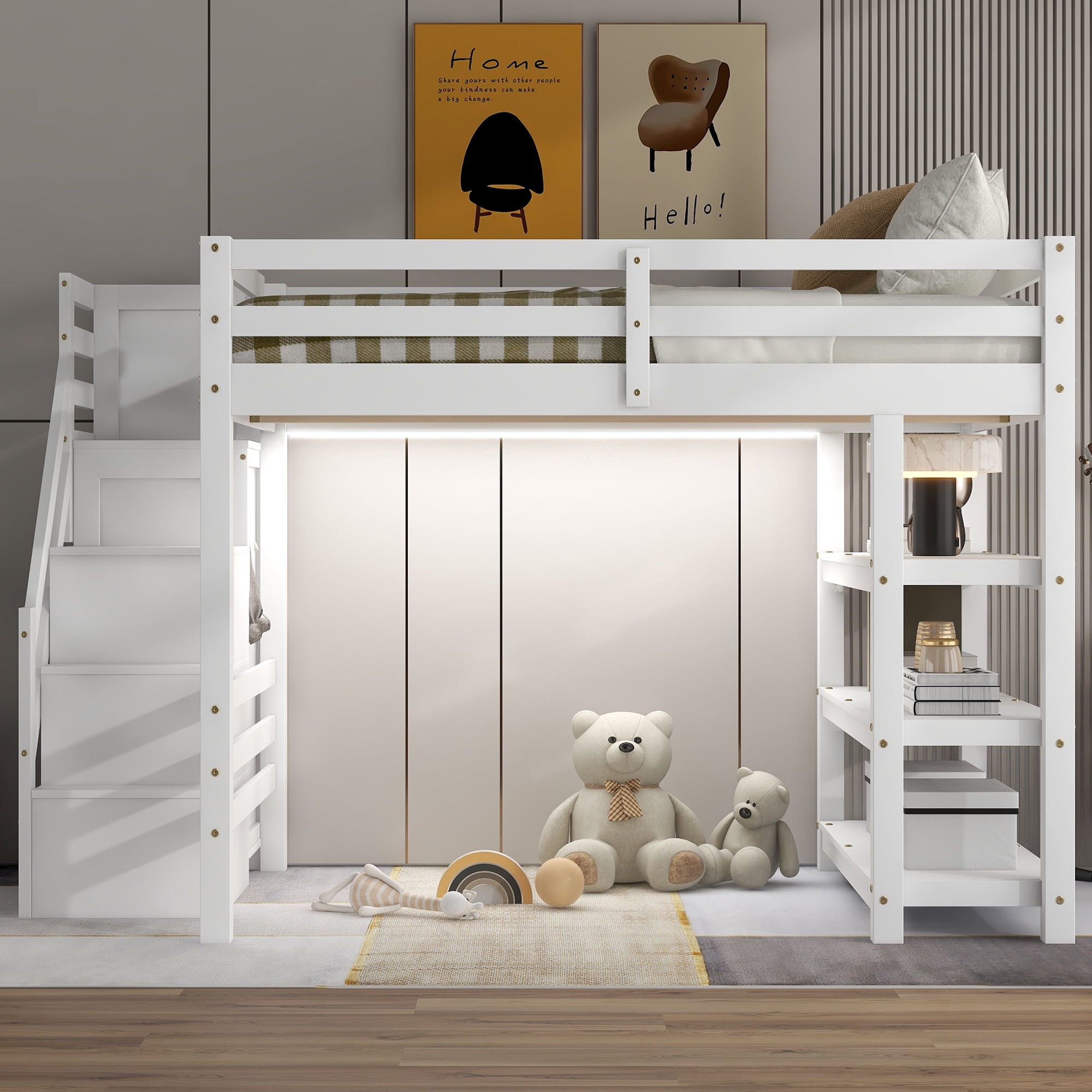 Euroco Wood Full Size Loft Bed with Storage Staircase and Shelves, LED Light and Wardrobe for Kids, White