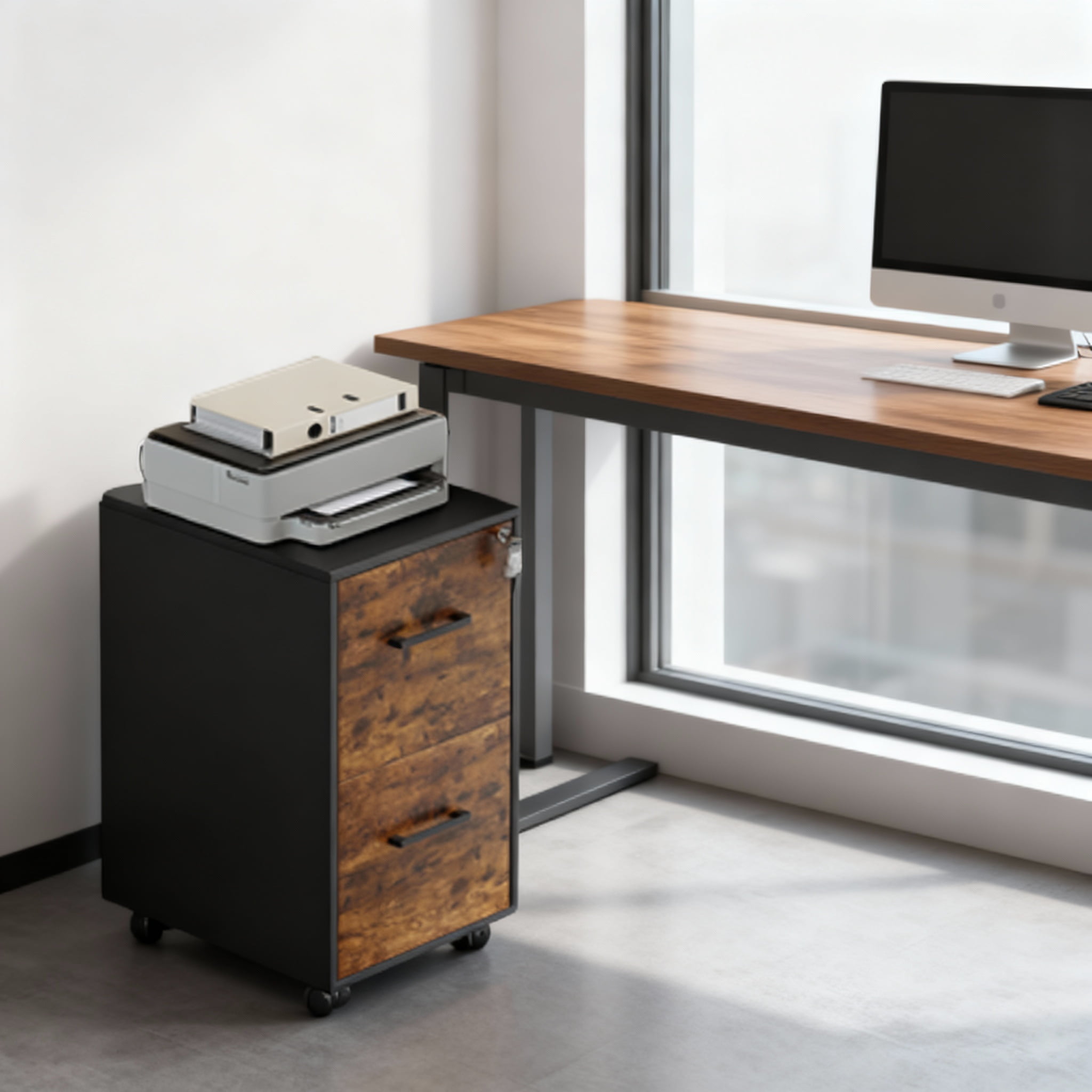 LEDREM File Cabinet with Lock, Pre-Assembled Office Filing Cabinet, 2 Drawers for A4/Legal/Letter Documents, 17.7 x 14.4 x 25.4 Inches, Rustic Brown and Black