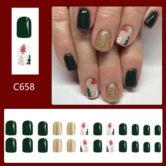 Uñas postizas a presión, regalo para mujer. Paquete de 24 uñas postizas cortas navideñas para pegar. Cobertura total con pegamento.