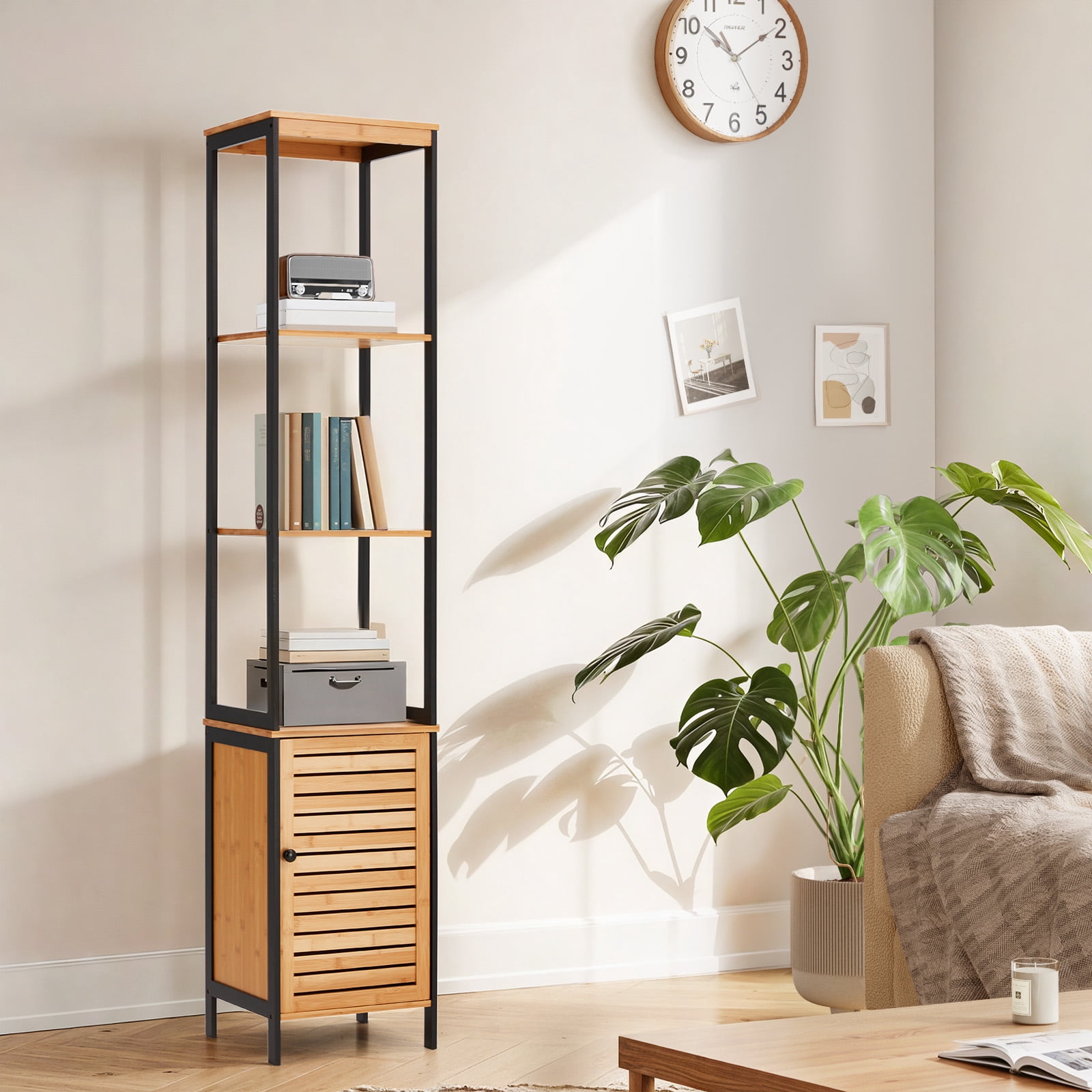Danrelax 68" Bamboo Bathroom Cabinet, 5 Tier Floor Shelving Unit with Open Shelves & Cabinet Storage, Premium Moso Bamboo Organizer for Bathroom, Kitchen, or Living Room