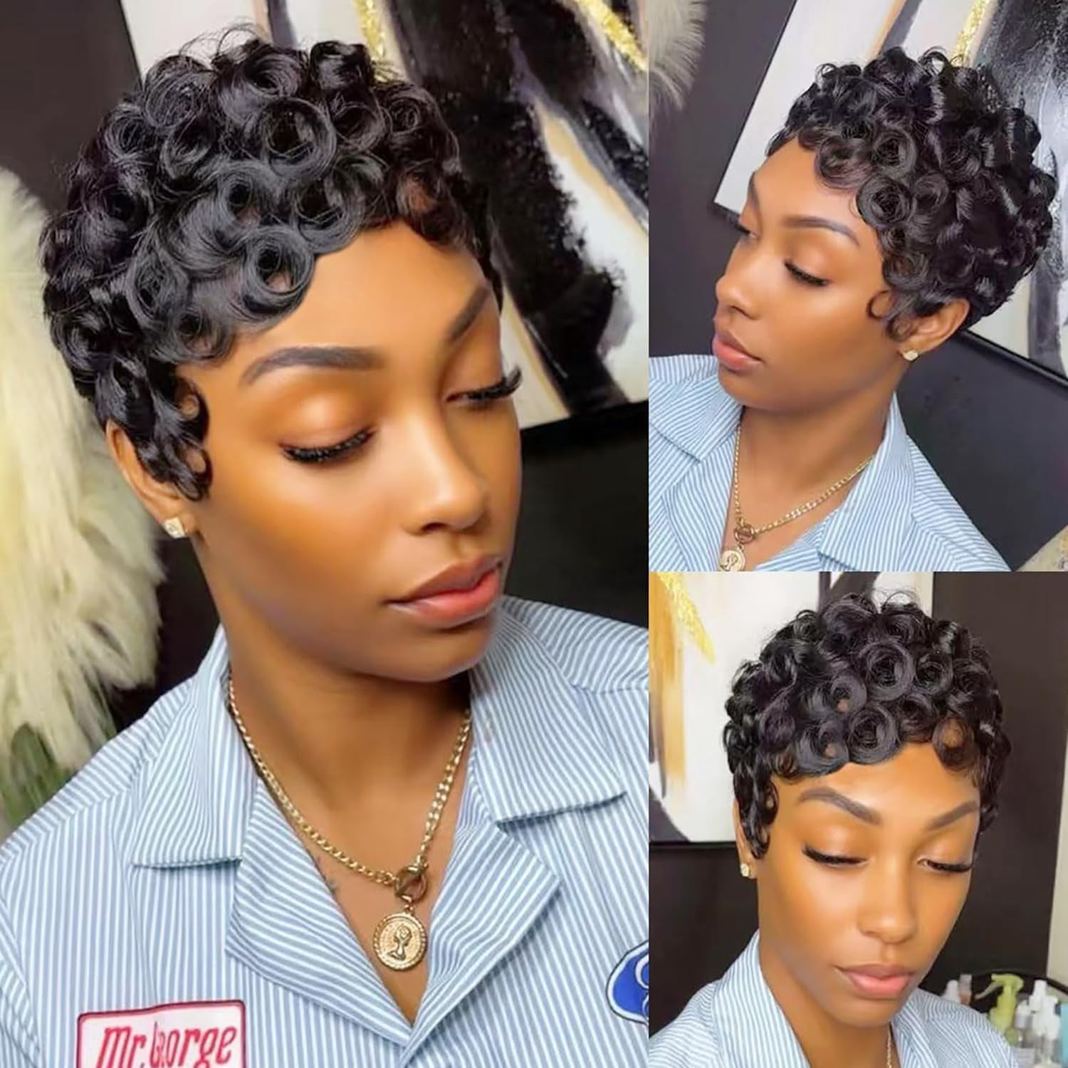 No Glue Pixie Cut Wigs for Black Women Brazilian Curly Human Hair Glueless Short Layered Wigs With Bangs Natural Black Daily Wig