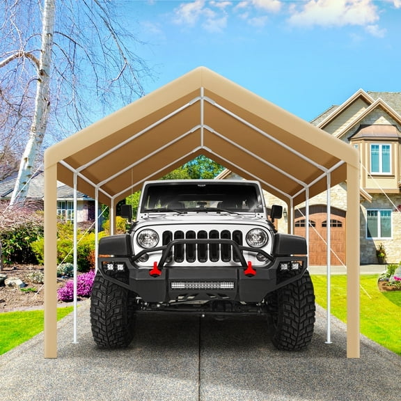 COBIZI Outdoor Metal Carport, 10' x 20' Heavy Duty Garage Car Shelter Shade, Carport Canopy with Powder-Coated Steel Frame for Outdoor Party, Birthday, Upgraded Khaki