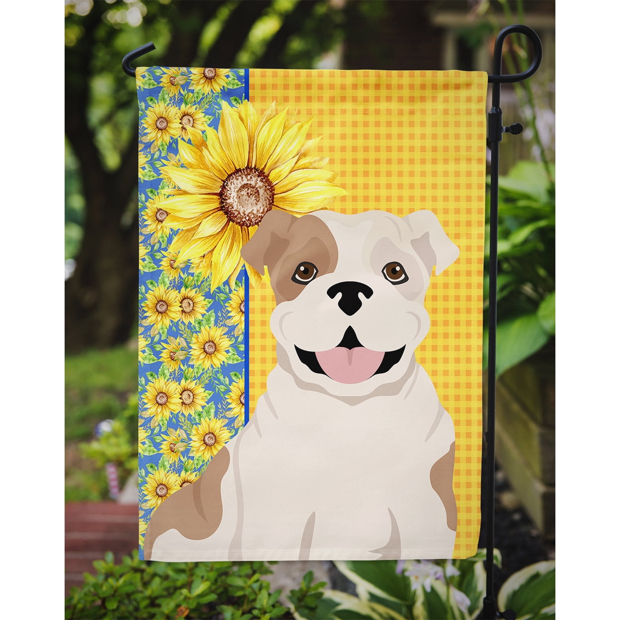 Summer Sunflowers Piebald English Bulldog Flag Garden Size 11.25 in x 15.5 in