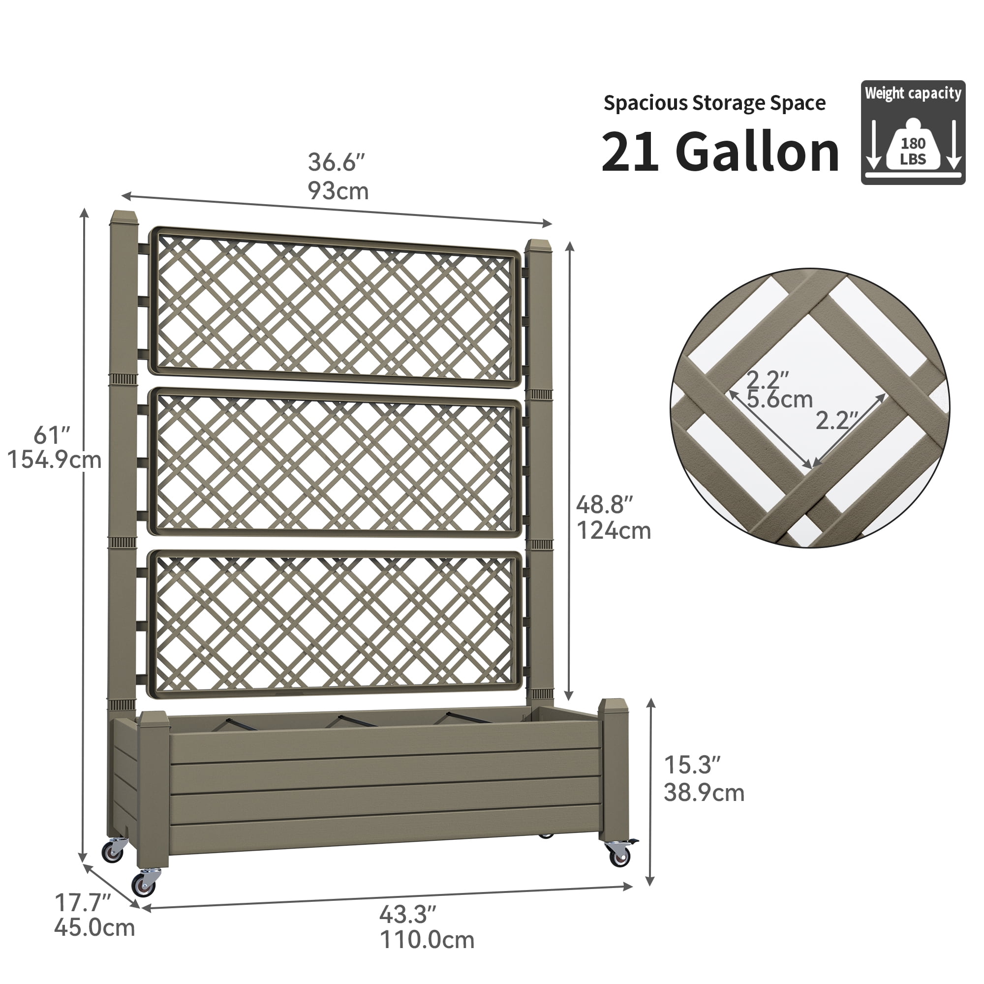 Dextrus 61'' Large Planter Box; Outdoor Raised Garden Bed with Trellis and Lockable Wheels,Ideal for Vines and Climbing Plants,with Drain Plug,43.3"L x 17.7"W x 61"H - Light Brown