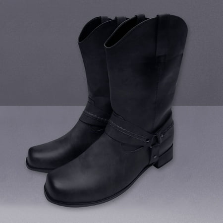 

Mens Leather Non-slip Slip-On Round Toe Buckle Low-heeled Shoes Cowboy Boots