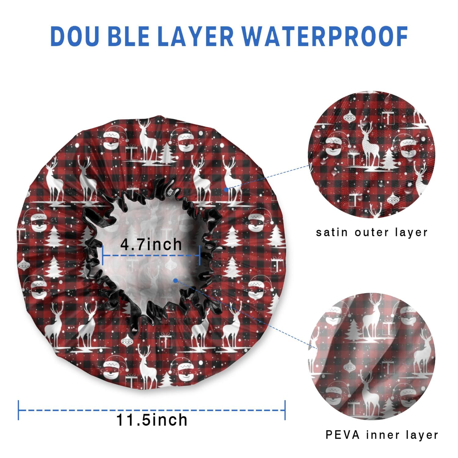 Shower Caps,Red Christmas Plaid Deer and Tree Pattern Waterproof Shower Cap for Women 4 Pieces,Double Reusable Hair Cover for Shower PEVA Elastic Stretch Hem