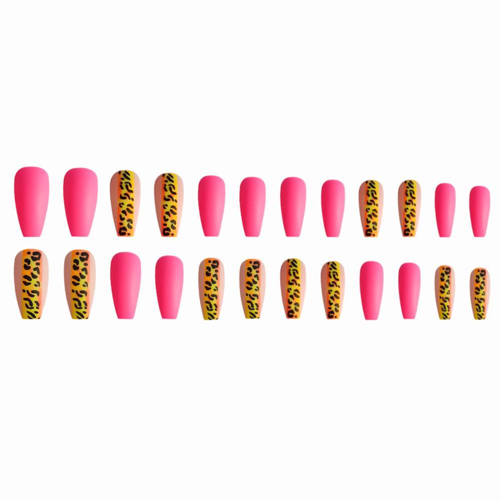 24Pcs Glossy Pink False Nails Leopard Printed Long Fake Nails for Women