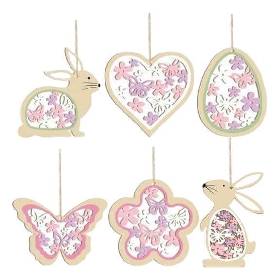 KDFWDM 6PCS Wooden Easter Ornaments Decor Set - Exquisite Colorful Wood Cutouts of Bunny, Flower, Butterfly, Egg & Heart for Spring Home Craft, Tree Hanging & Happy Easter Wall Decor