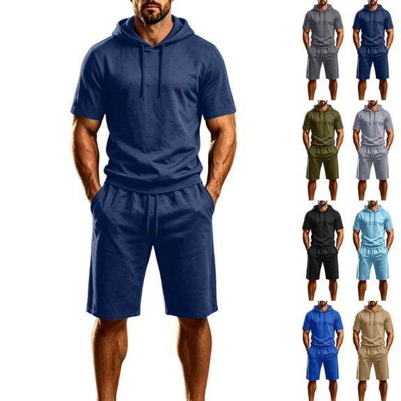 Miqool Men's Shorts Set Short Sleeve Hoodie Drawstring Waist Casual Summer Sportswear Loungewear Two Piece