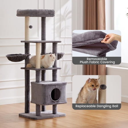 65in Heavy Duty Cat Tree Tower For Large Cats Multi-level Furniture With Replaceable Sisal Hammock | Extra-large Platform & Condo (grey)