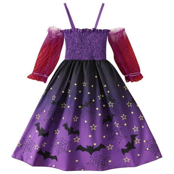 Odeerbi Kids Girls Cotton Dress Halloween Princess Dress Children's Mesh Strap Printed Large Skirt Long Sleeve Round Neck Mid Calf Dress Purple