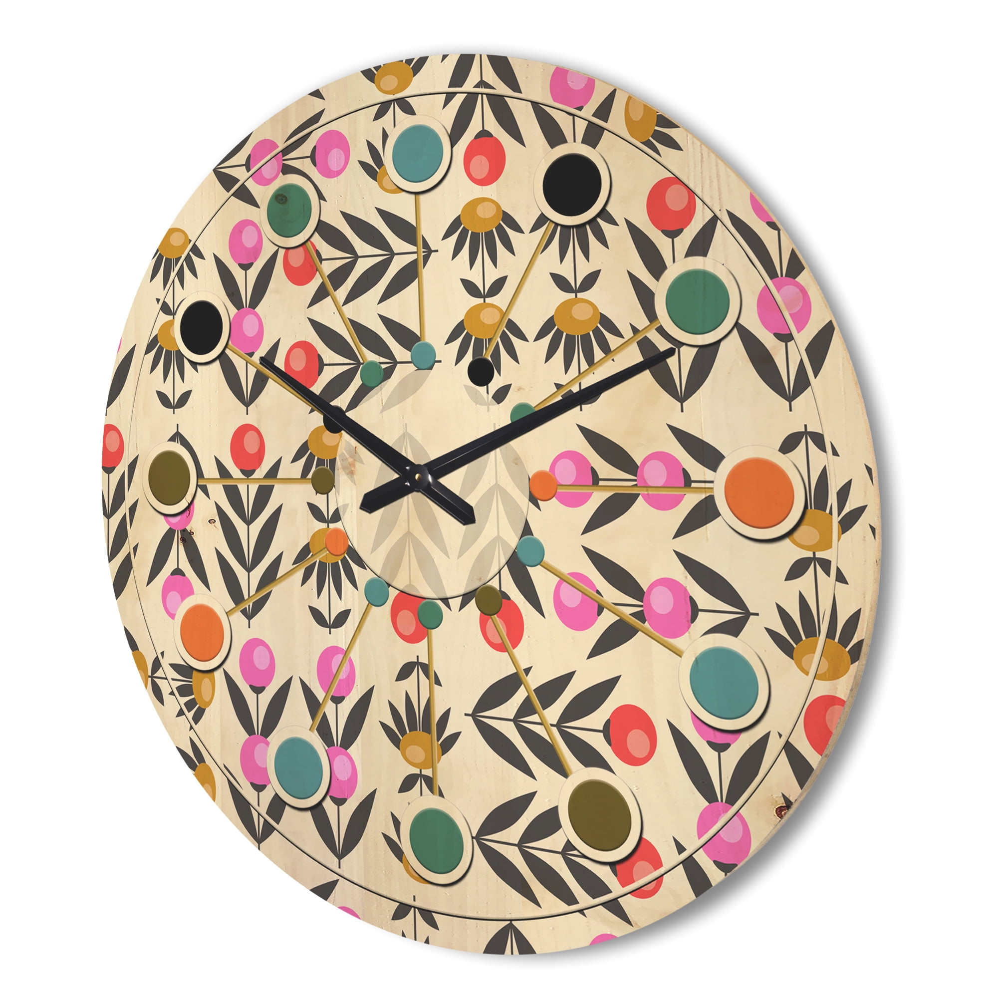 Designart 'Abstract Retro Floral Design XI' Mid-Century Modern Wood Wall Clock