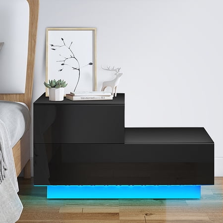 Hommpa L Shaped Modern Bedside Table 2 Drawer Nightstand for Bedroom Furniture Black