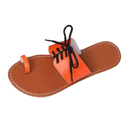 OJSFQUFP Womens Summer Slippers Ladies Fashion Summer Leather Cover Toe Flat Bottom Lace Up Beach Slippers Soft Sole Outdoor Beach Shoes Slides for Women Orange 41