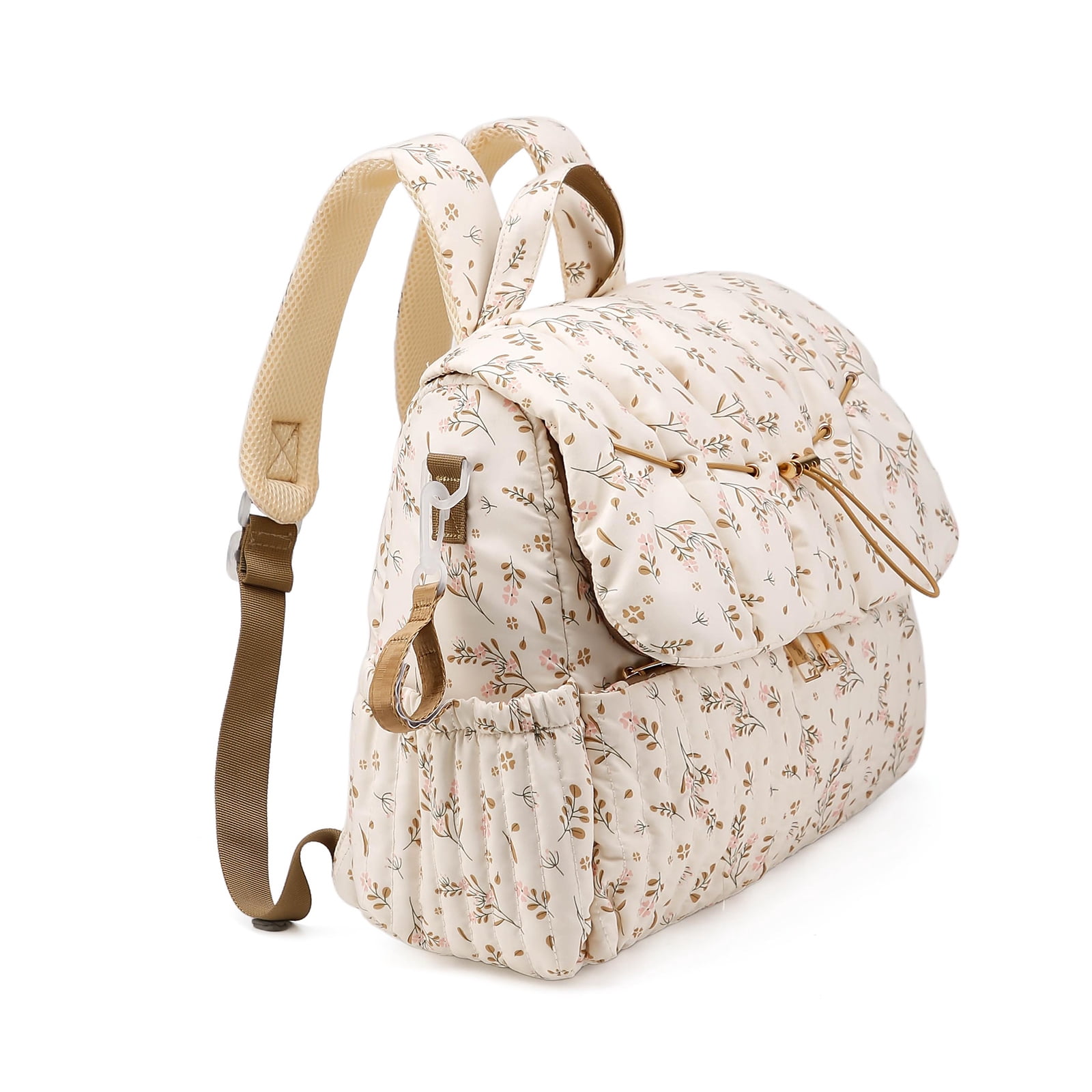 HAHUT Aesthetic Quilted Floral Diaper Bag Backpack with Stroller Straps, Multi-Functional Nylon Embroidered Laptop Backpack for Work Travel Casual (Pink)