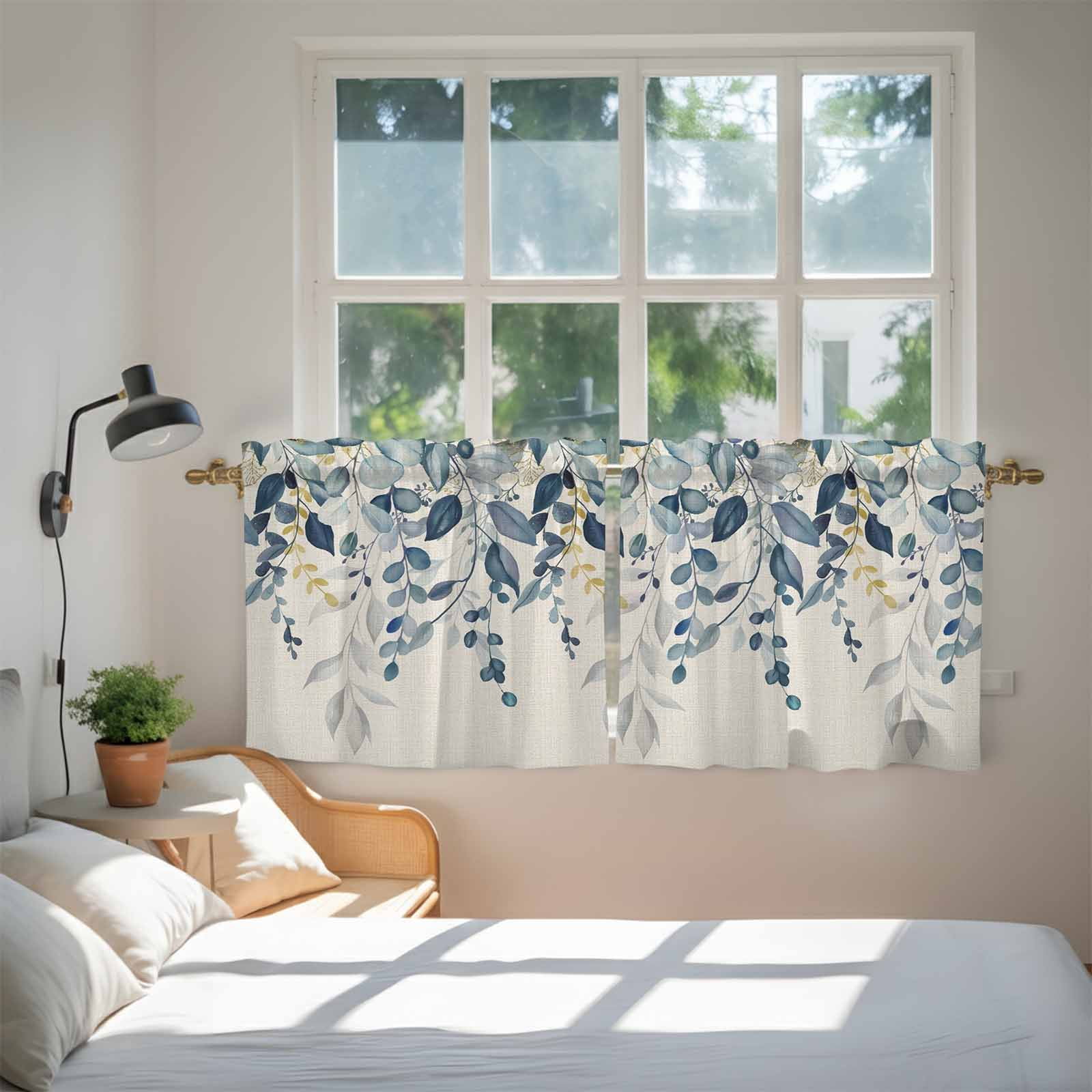 Navy Blue Eucalyptus Tier Curtains 36 Inch Length, Farmhouse Weeping Leaves Linen Cafe Short Curtains for Bathroom Over Sink, Small Kitchen Curtain Light Filtering Tiered Drapes 2 Panels 27.5"Wx36"L