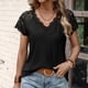 thumbnail image 4 of Bienvenido Blusa de Manga Corta para Mujer Cuello en V Borde de Encaje Color Puro Moda Transpirable para el Verano Negro L, 4 of 7