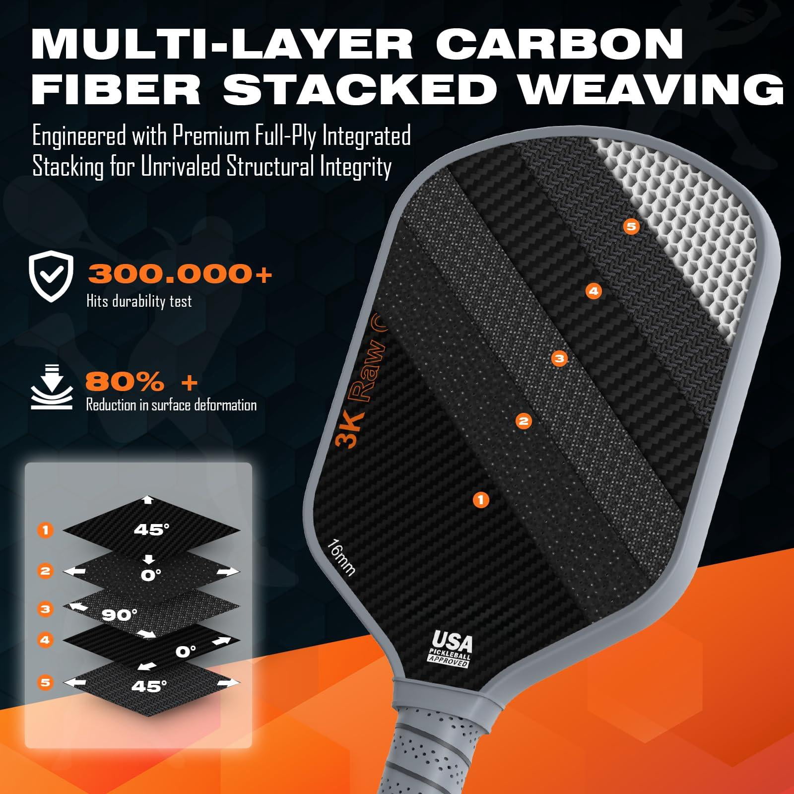 Professional Pickleball Paddles- T700 Carbon Fiber Pickle Racket- 3k Frosted Surface For Enhanced Spin And Friction - Usapa Approved Offensive Long Paddle Intermediate Advanced Players