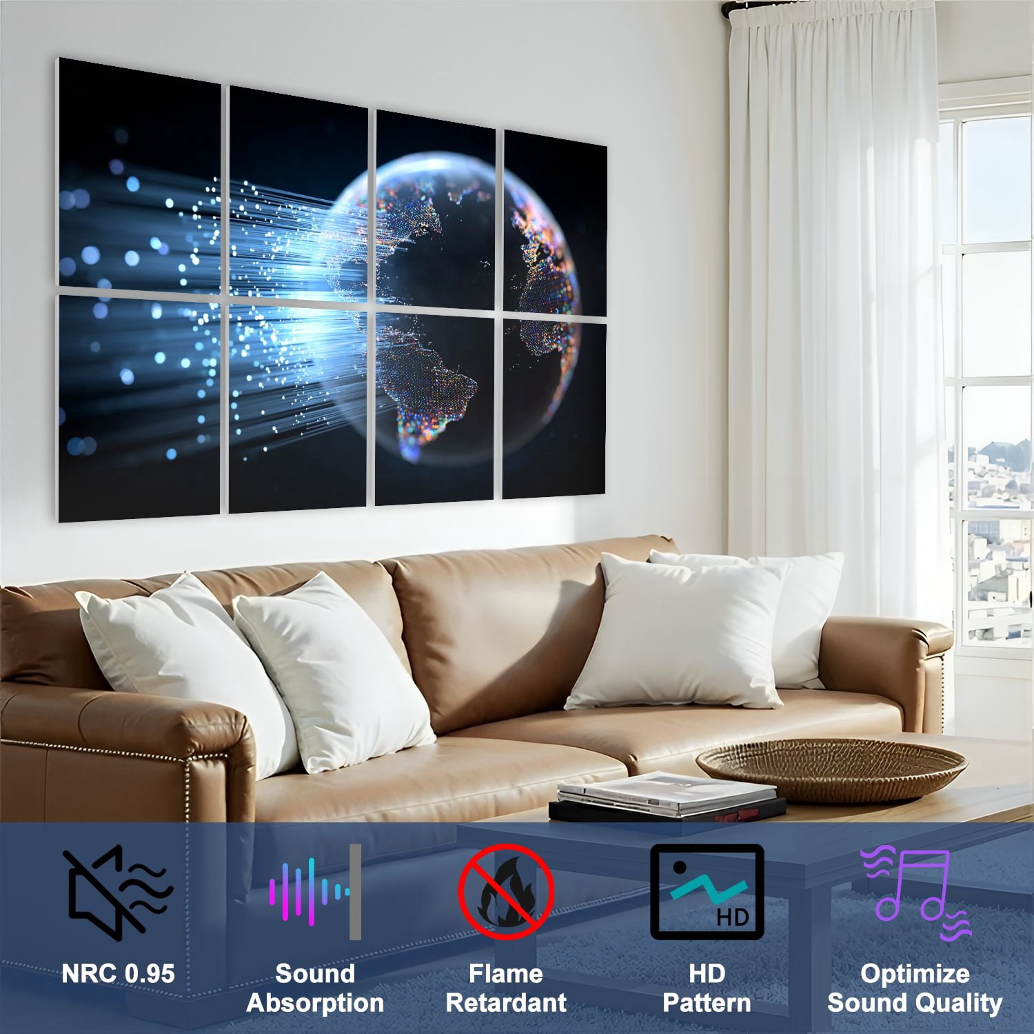 8 Pack Art Acoustic Panels Sound Absorbing Fiber optic cables around Earth Decorative Soundproof Wall Panels Self Adhesive for Nursery Game Room Bedroom 48"x32"