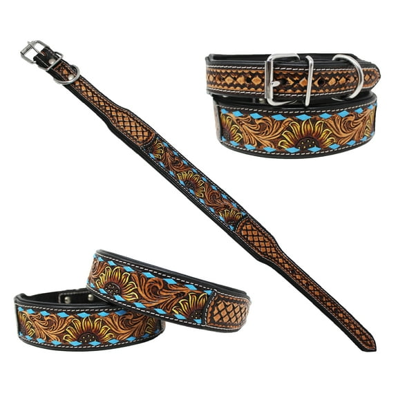 XSmall 9''- 13'' Handcrafted Sunflower Tooled Leather Dog Collar Turquoise 60FK54