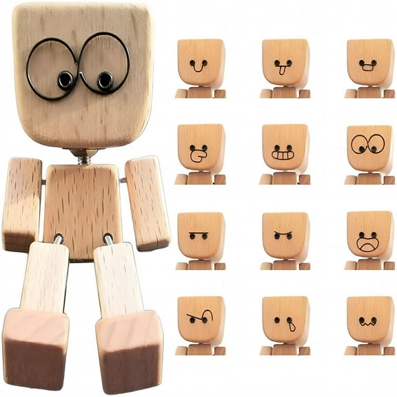 LAMIRO Shaking Wooden Man Figurine,Handmade Shaking Feet Wooden Car Dashboard Decorations with 12 Pcs Magnetic Expressions,Creative Wood Desktop Decor