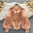 thumbnail image 2 of Women’s Elegant Lace Shirts, Long Sleeve Casual Flower Lace Mesh Blouse Button Medieval Tops Women's Oversized Hoodies Jacket Khaki Free Size, 2 of 7