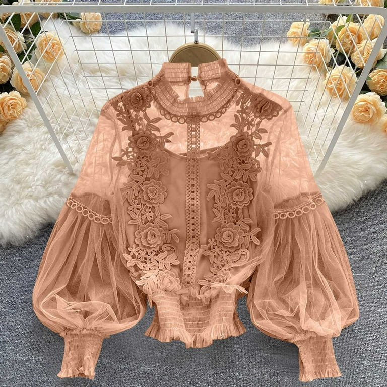 Women's Elegant Lace Shirts, Long Sleeve Casual Flower Lace Mesh