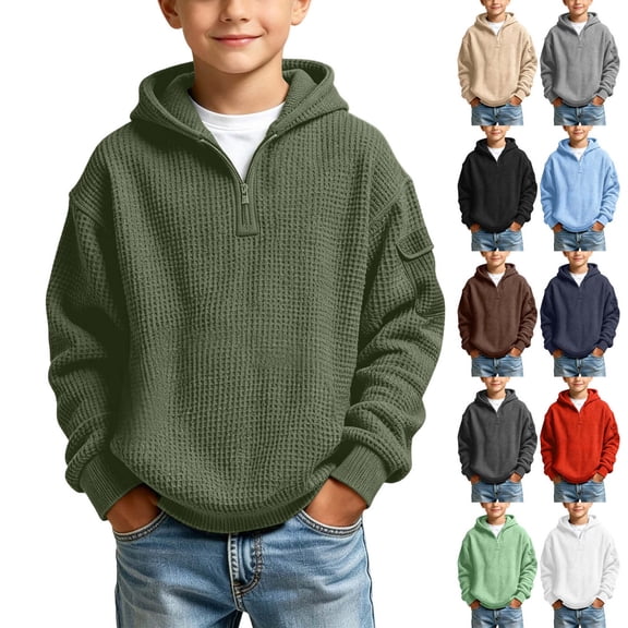 Xaqiouau Hoodies for Boys Girls Quarter Zip Waffle Knit Pullover Hooded Sweatshirt Long Sleeve Casual Tops Warm Fall Winter Back to School Clothes Kids Clothes Arm Pocket